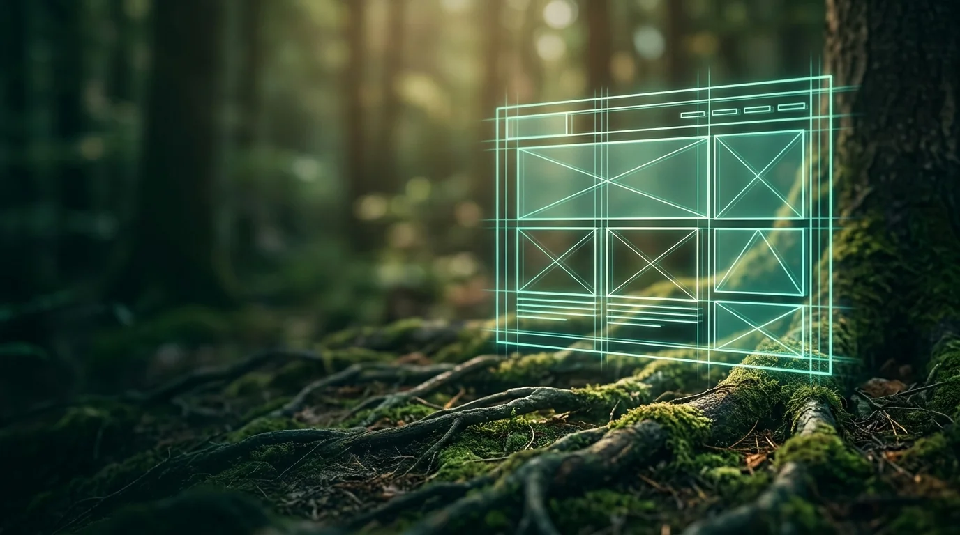 Abstracte wireframe-layout boven boswortels — conversiegericht webdesign.