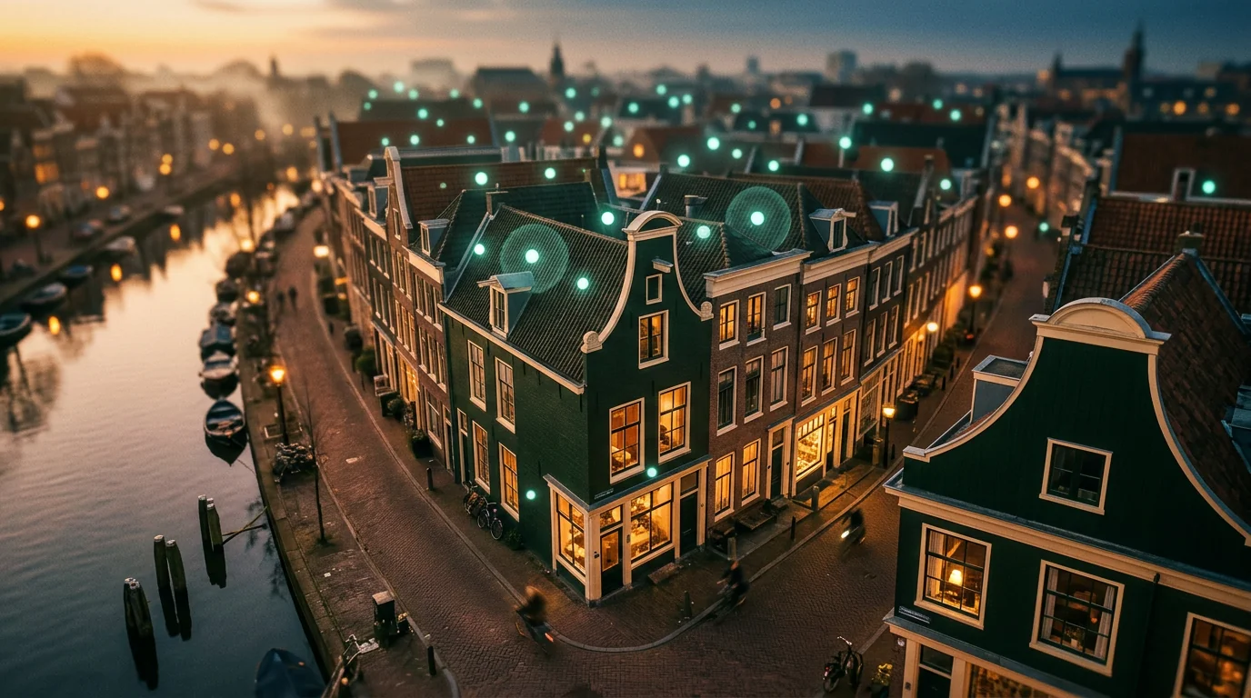 Aerial straathoek bij gouden uur met teal-pinpoints — Google Bedrijfsprofiel lokale zichtbaarheid.