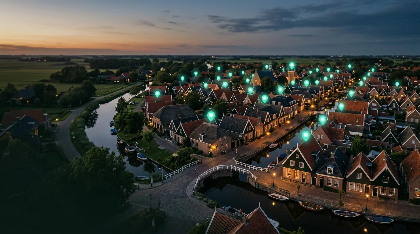 Dutch village at dusk with teal light pins on rooftops — GBP and local presence.
