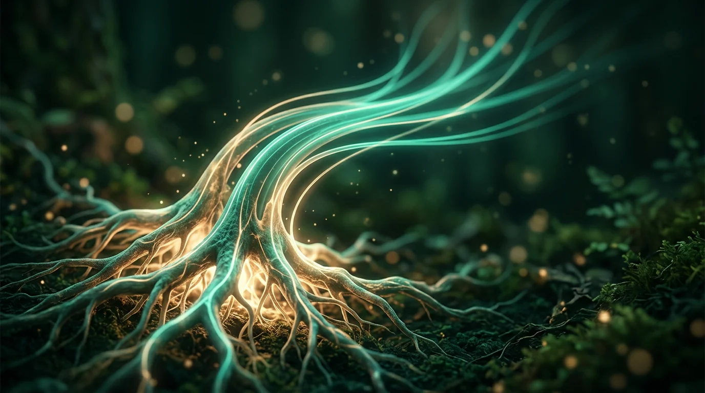 Glowing root system branching into clear pathways — abstract SEO illustration.